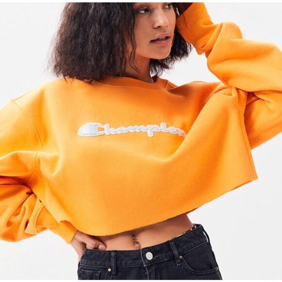 Champion Tops - CHAMPION Reverse Weave Cropped Sweatshirt Orange Pullover Crew Neck Women's L